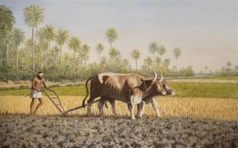 Illustration of farmer using ancient plow